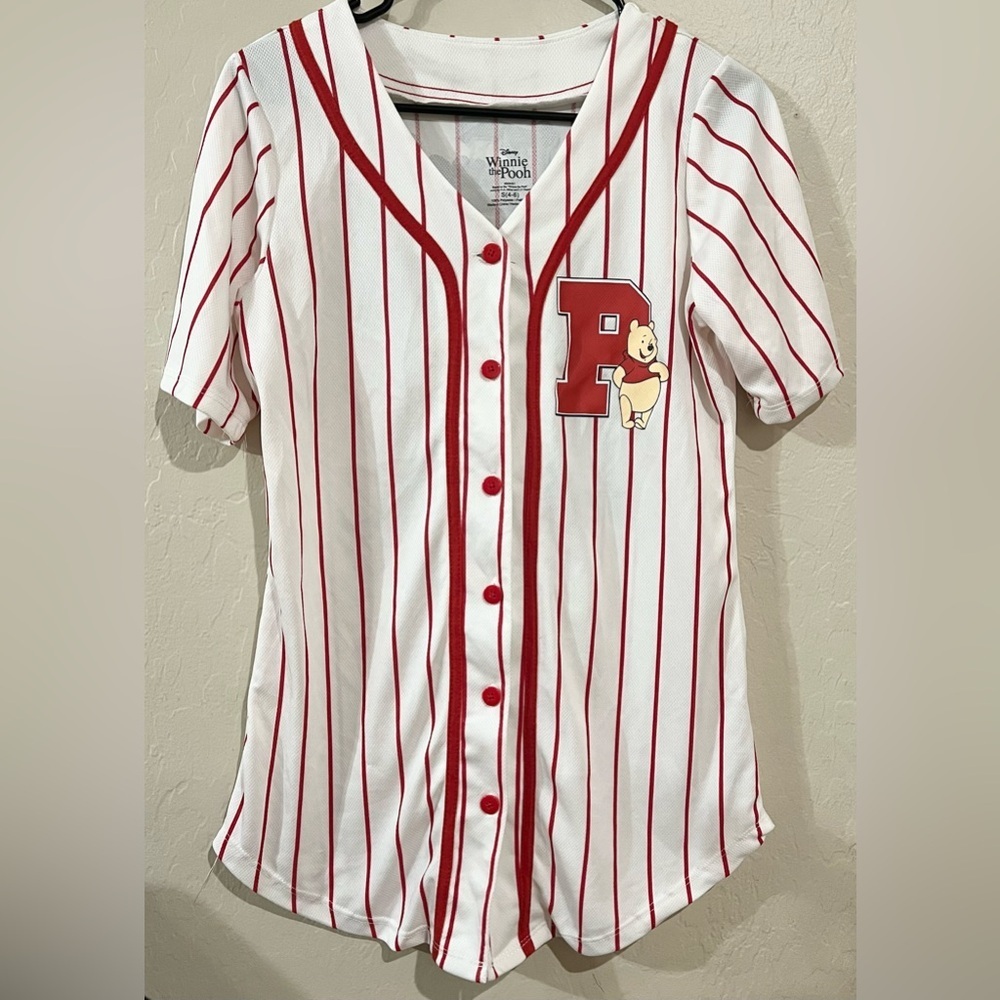 Disney Winnie the Pooh Baseball Jersey Y2K Button Front Pinstripe Women’s Small